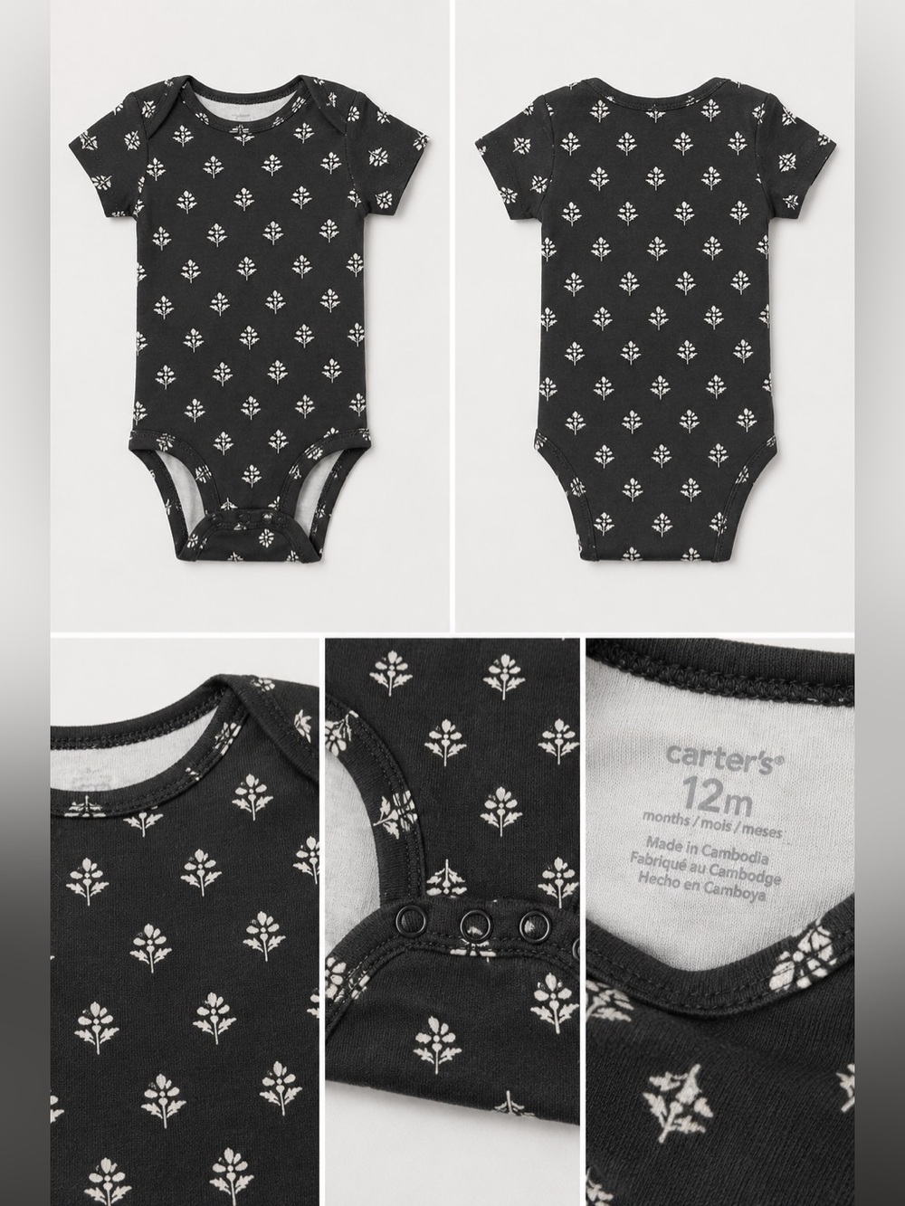 Carter's Black Short-Sleeve Floral Print Bodysuit